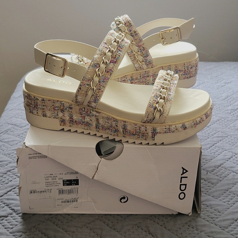 Aldo Wedge Sandals, (Off white), Size US 7.